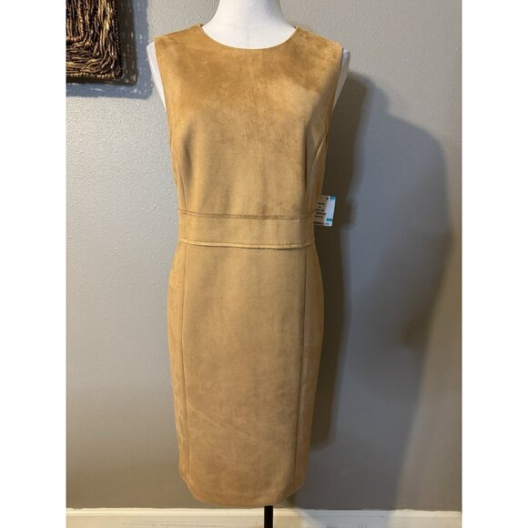 Kasper Sheath Dress 16P 16 P Sleeveless Stretch Doe Golden Camel Brown NWT - Picture 5 of 15
